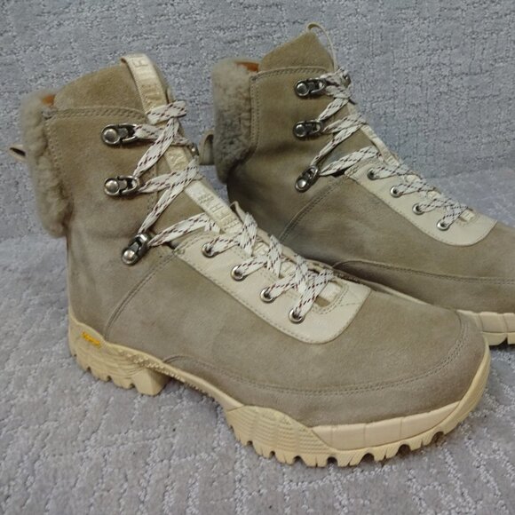 FRYE Brit Women’s Size 12 Beige Multi Suede Tumbled Goat Shearling Hiker's Boots - Picture 8 of 14